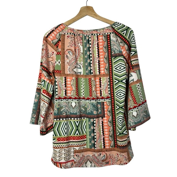 Tacera Green & Orange Mixed Print Long Sleeve Blouse S - Picture 2 of 4